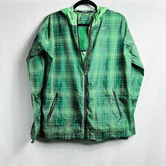 Nike Running Women’s Sz Large Green Plaid Full Zip Hooded Windbreaker Jacket - Picture 1 of 9